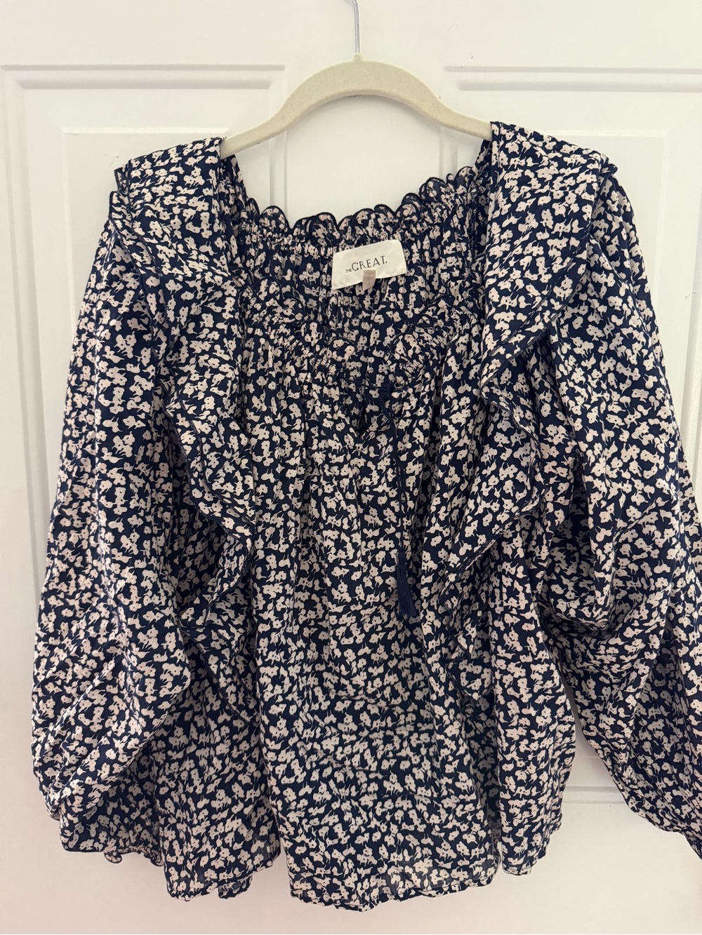THE GREAT. Navy and Ivory Floral Ruffle Blouse